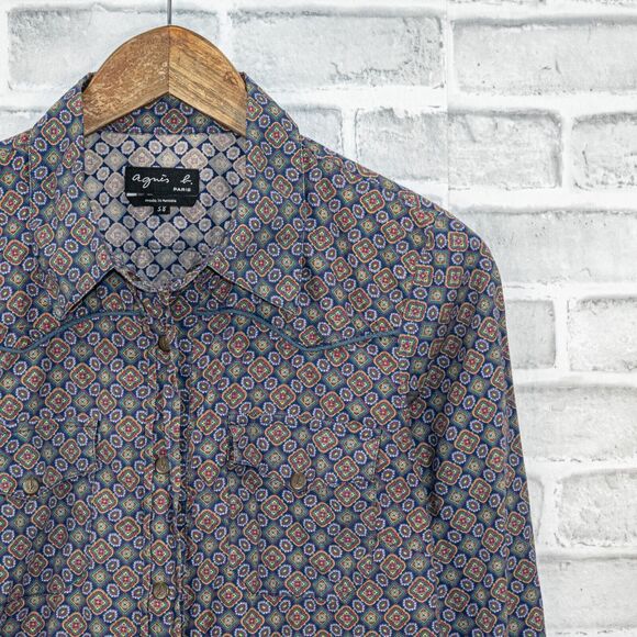 Agnes b. Paris Men's Western geo Print Shirt metal buttons size 38 - Picture 3 of 6